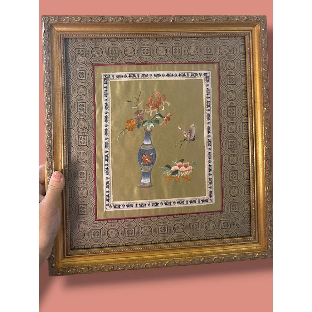 Vintage Chinese Silk Embroidery Framed Art Floral Vase Butterfly Chinoiserie